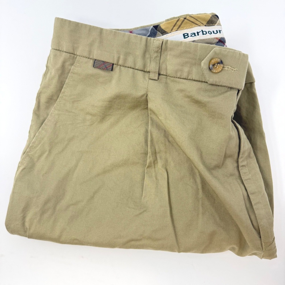 Barbour Mens Size 38 (Measured) Pleated Chino Shorts Khaki Cotton Lycra Cuffed